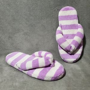 Women's Terry Cloth Thong Slippers Purple & White Striped Fits 8-9